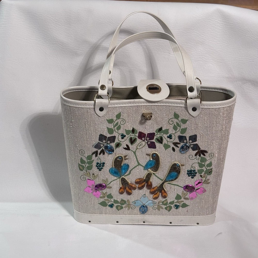 Enid Collins Style Jewel Tone Purse Canvas Tote Handbag Bucket Bling!